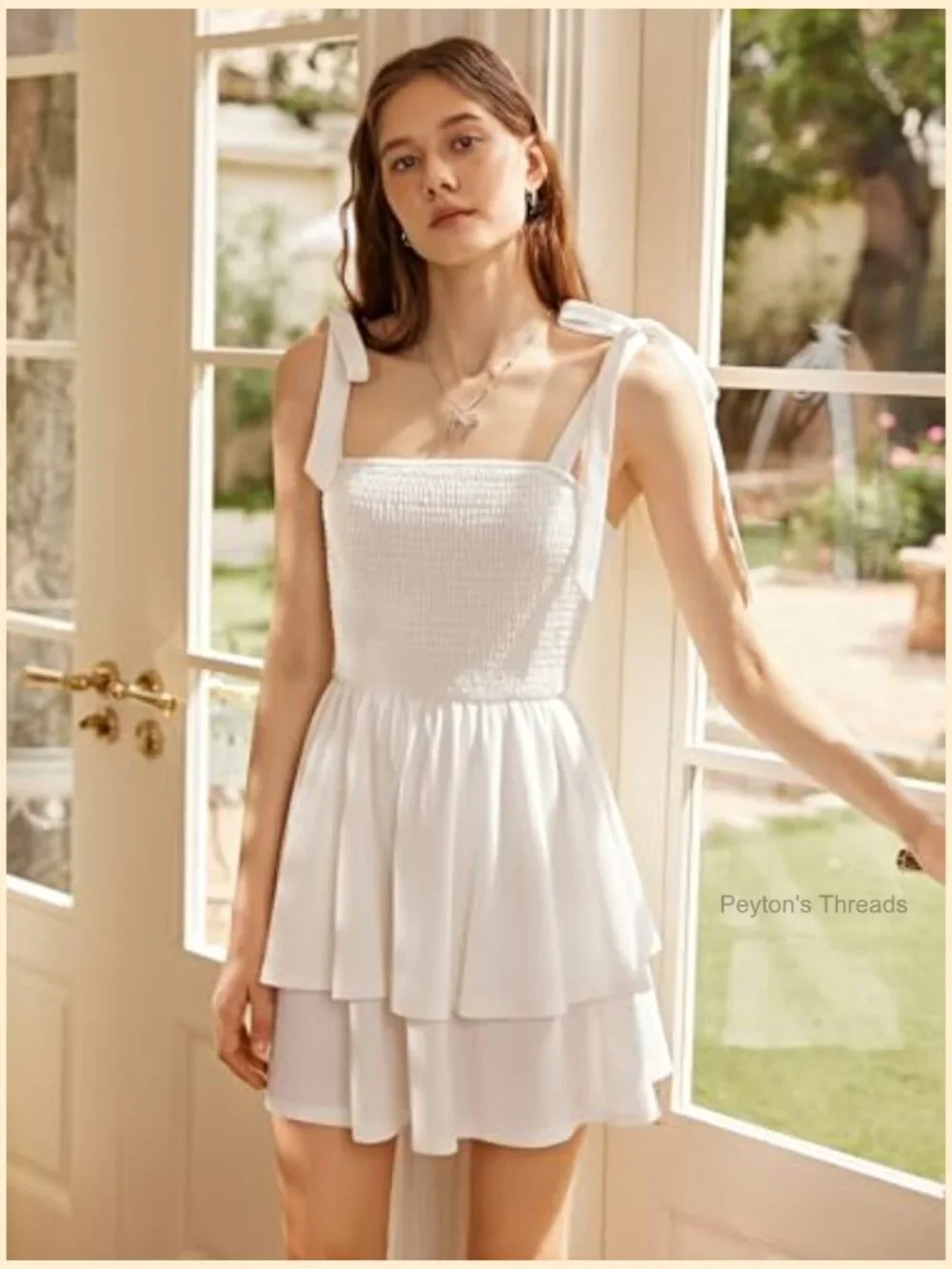 Sleeveless Smocked Tiered Mini Sundress with Tie Straps Square Neck - Picture 5 of 7
